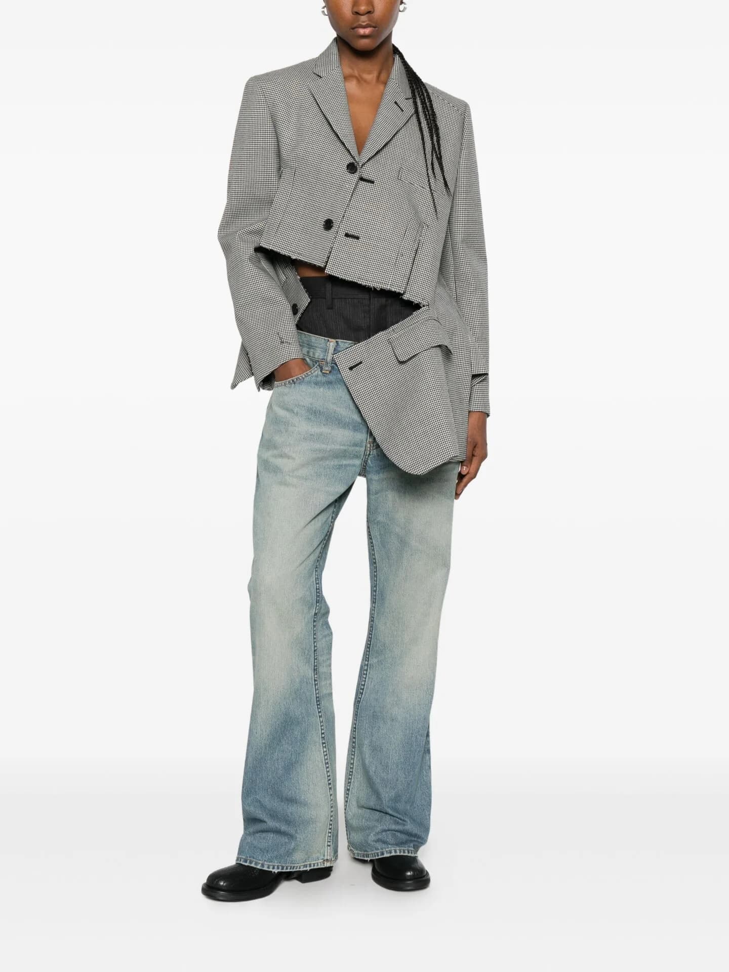 Grey blazer worn with faded straight jeans and black loafers