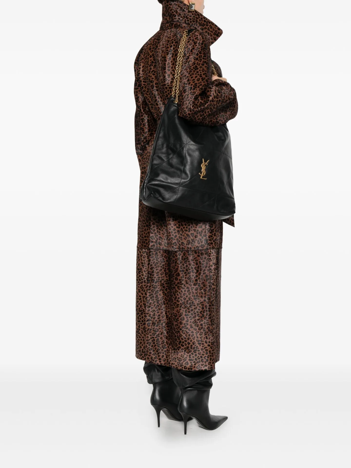 Leopard-print coat and skirt with a black leather tote and pointed boots