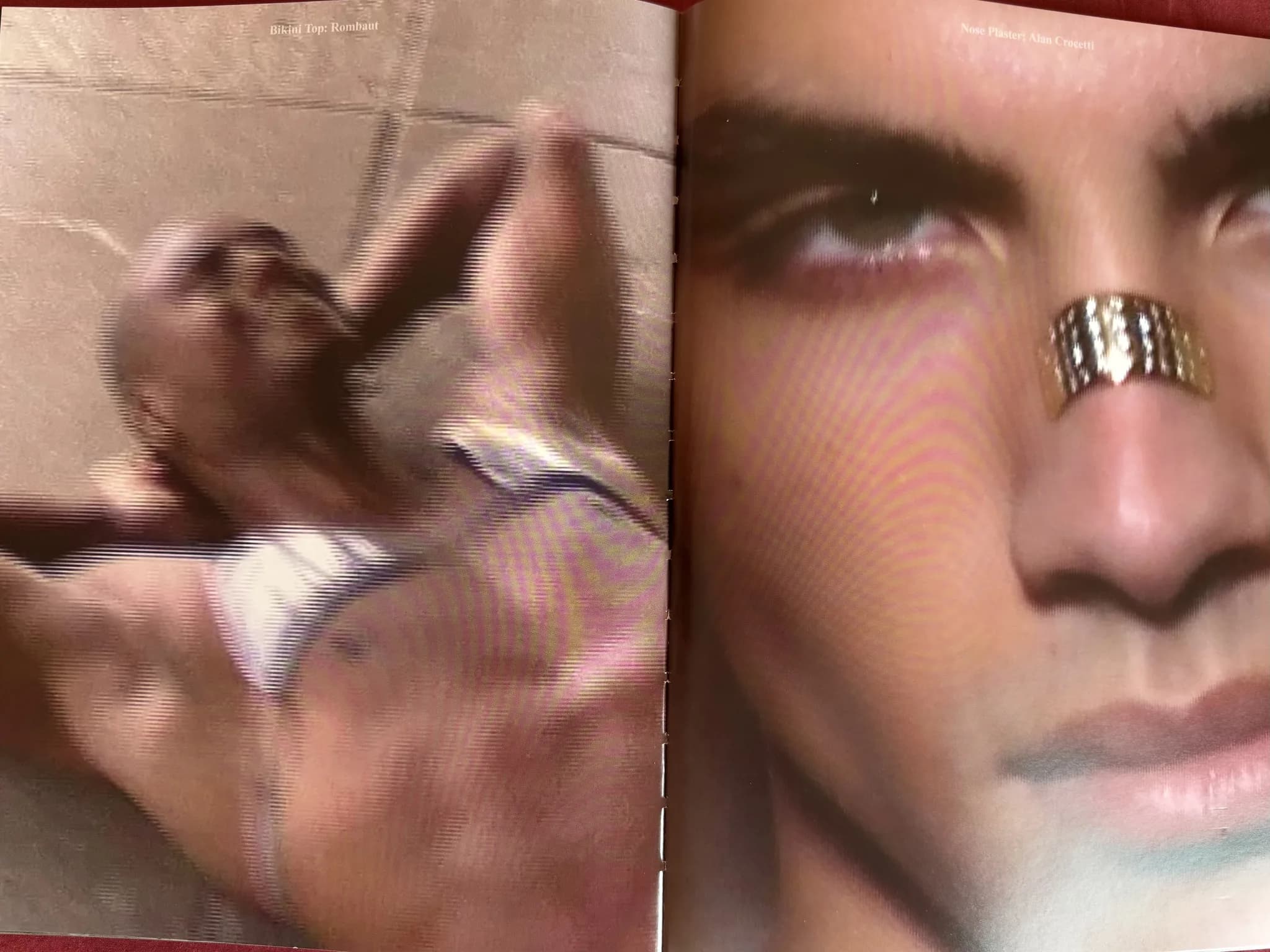 Magazine spread: motion-blurred figure lying back in white briefs, facing a close portrait with a gold ring across the nose