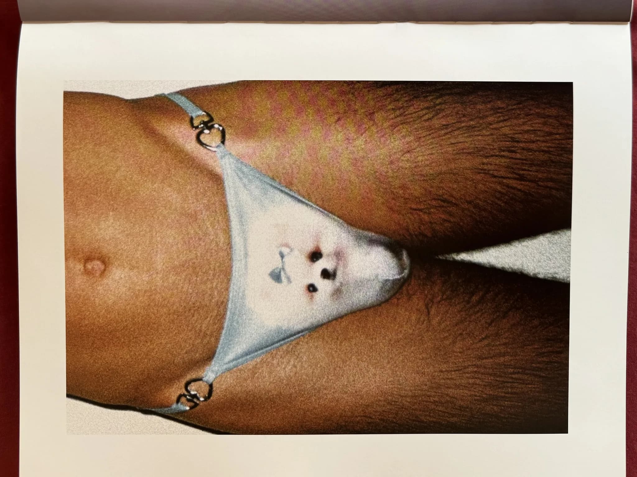 Magazine page: close crop of a torso in pale blue briefs with metal hardware at the hips