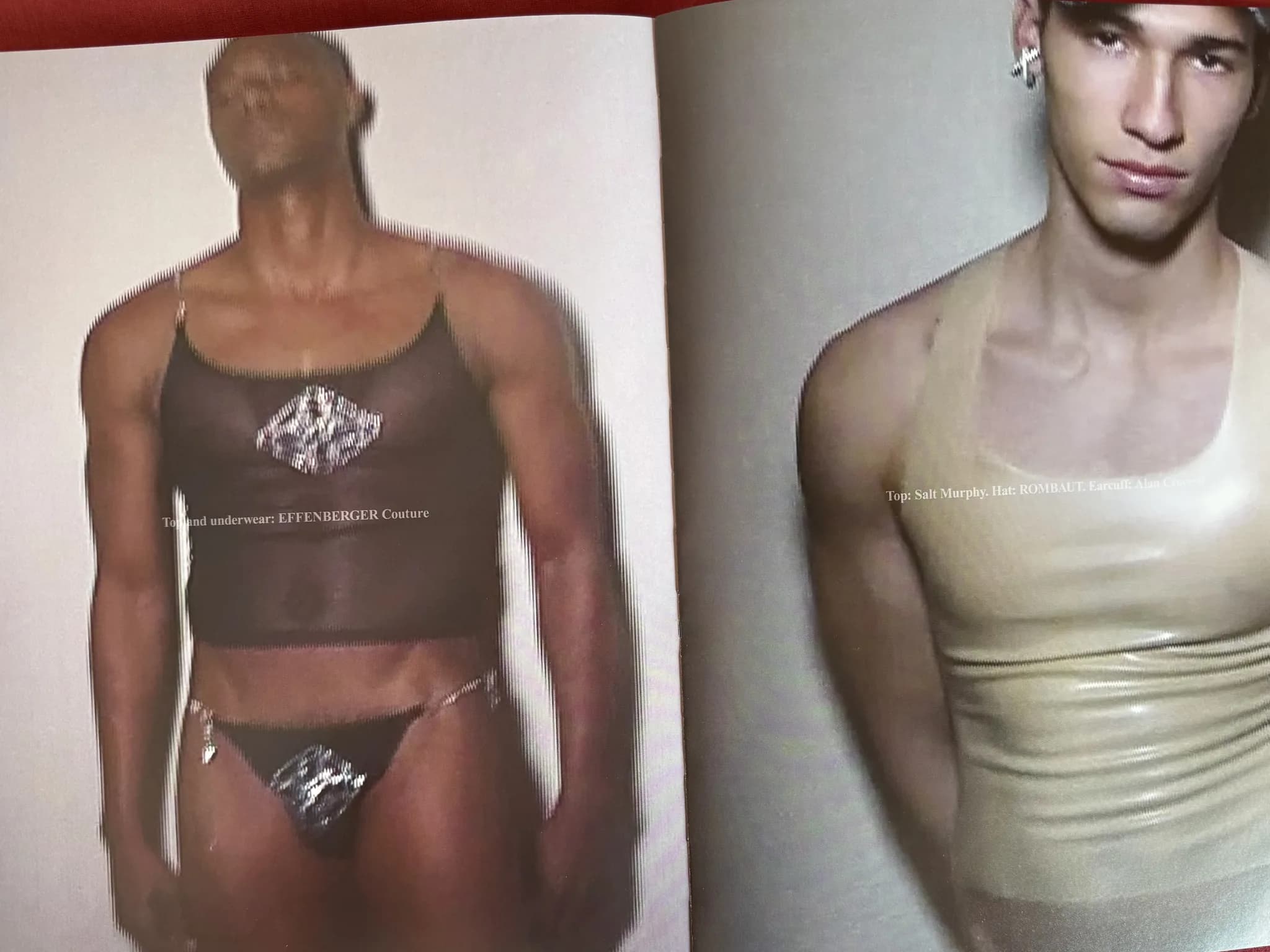 Magazine spread: model in a black mesh vest and briefs, facing a model in a translucent latex tank top
