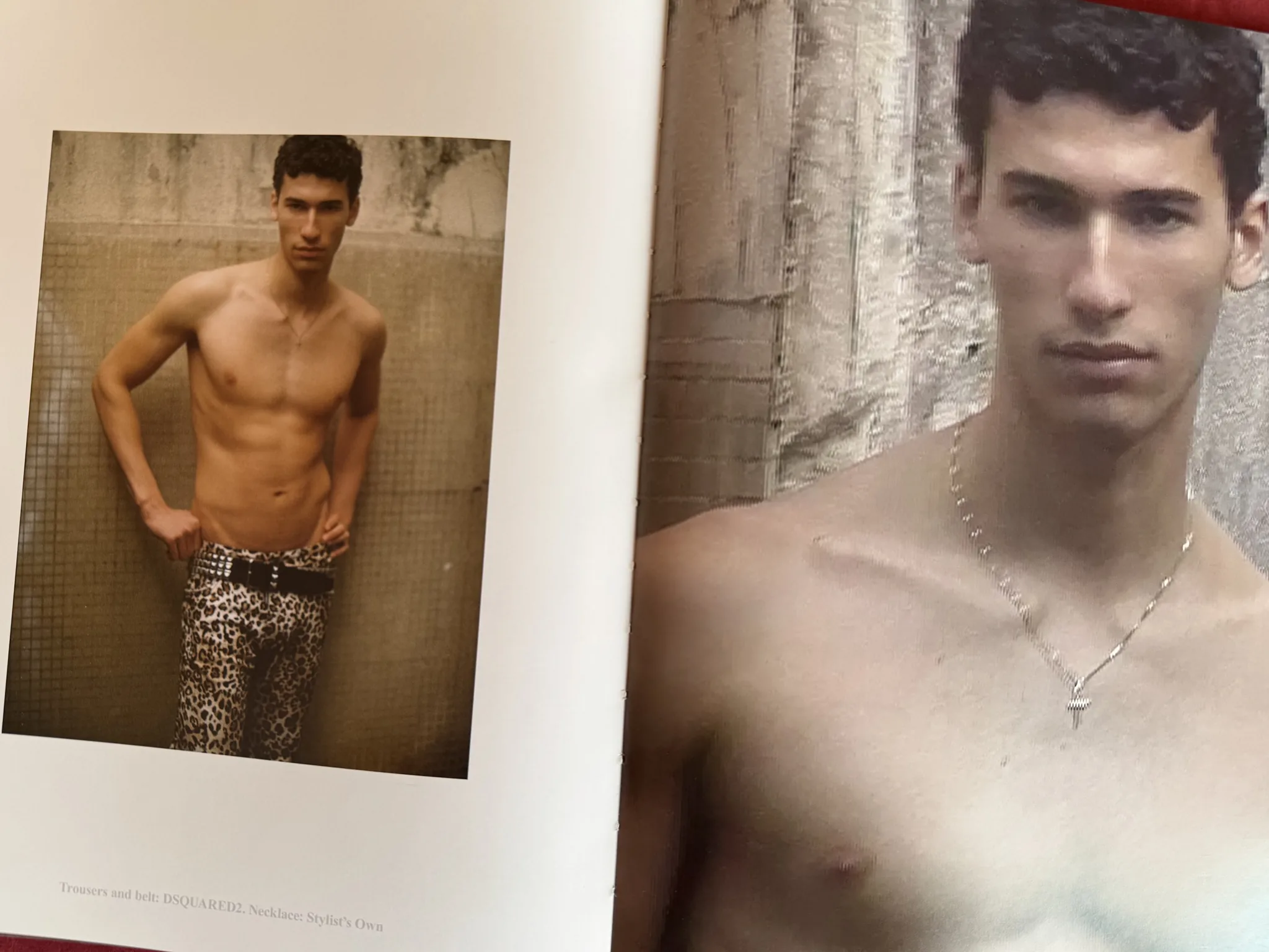 Magazine spread: model in leopard-print trousers in a tiled shower, facing a close portrait with a cross necklace